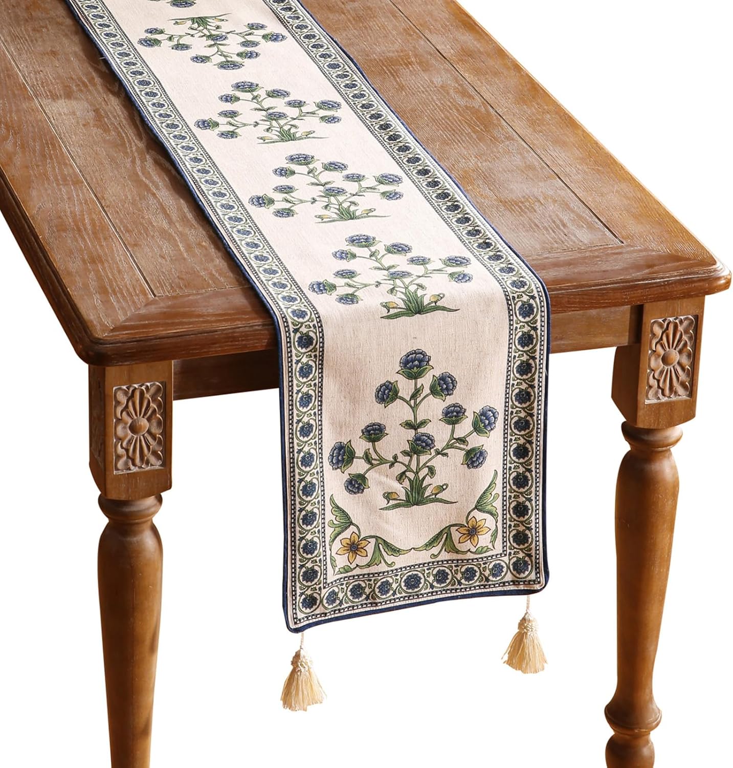 patdrea Designer Blue Rustic Elegant Floral Patterned Linen Table Runner 87 Inch Long,Wrinkle Resistant Table Mat,Decoration for Kitchen Dining and Coffee Tables Banquet Christmas , 12"x87"