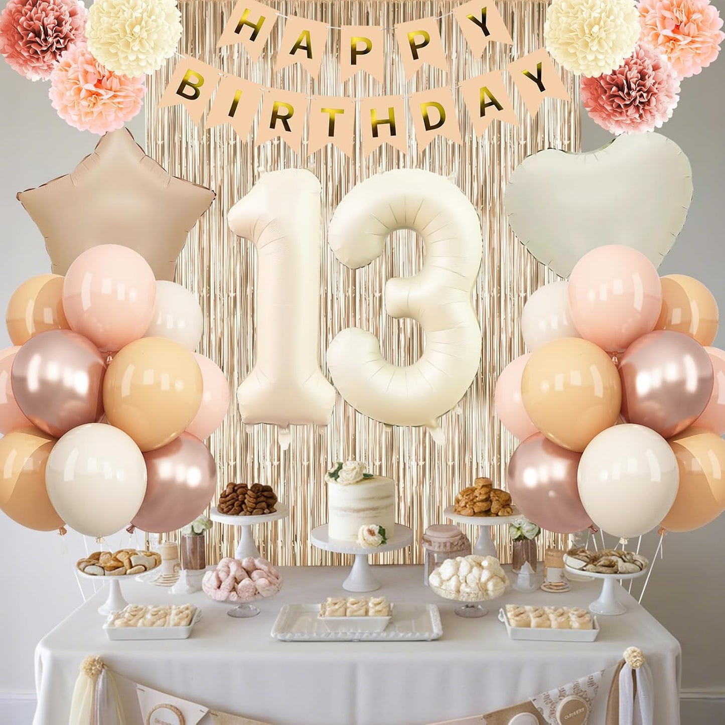Beige 13th Birthday Decorations Girls Boys Cream Number 13 Balloon Nude Gold Happy Birthday Banner Fringe Curtain Paper Pom Poms Blush White Sand Champagne Star Foil Balloons Neutral Boho Party Decor