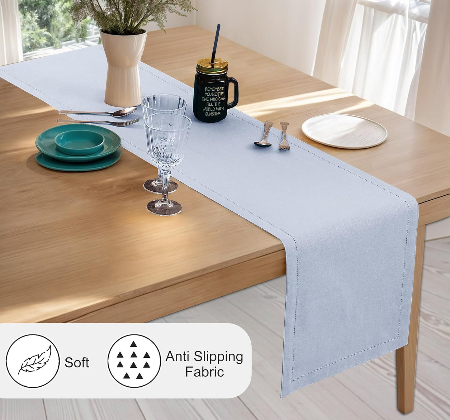 Ruvanti Linen Table Runner 108 Inches, Classic Hemstitch, Washable, Reusable, Non-Slipping, Stain Resistant- Perfect for Parties, Weddings, Dinners, Thanksgiving, Christmas, Indoor use – Arctic Ice