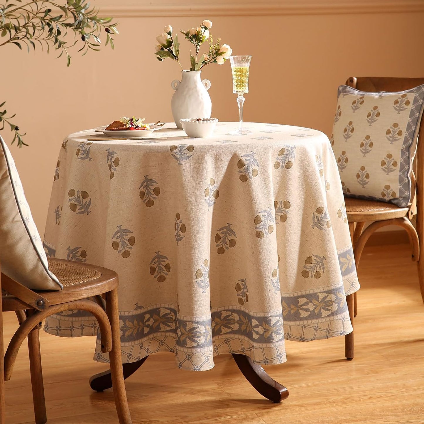 patdrea Designer Vintage Small Beige Tablecloth for Round Table,Linen Yellow Floral Pattern Tablecloths,Cover Cloth Decor for Kitchen Dining Christmas,Thanksgiving,Diameter 55"-Istana a