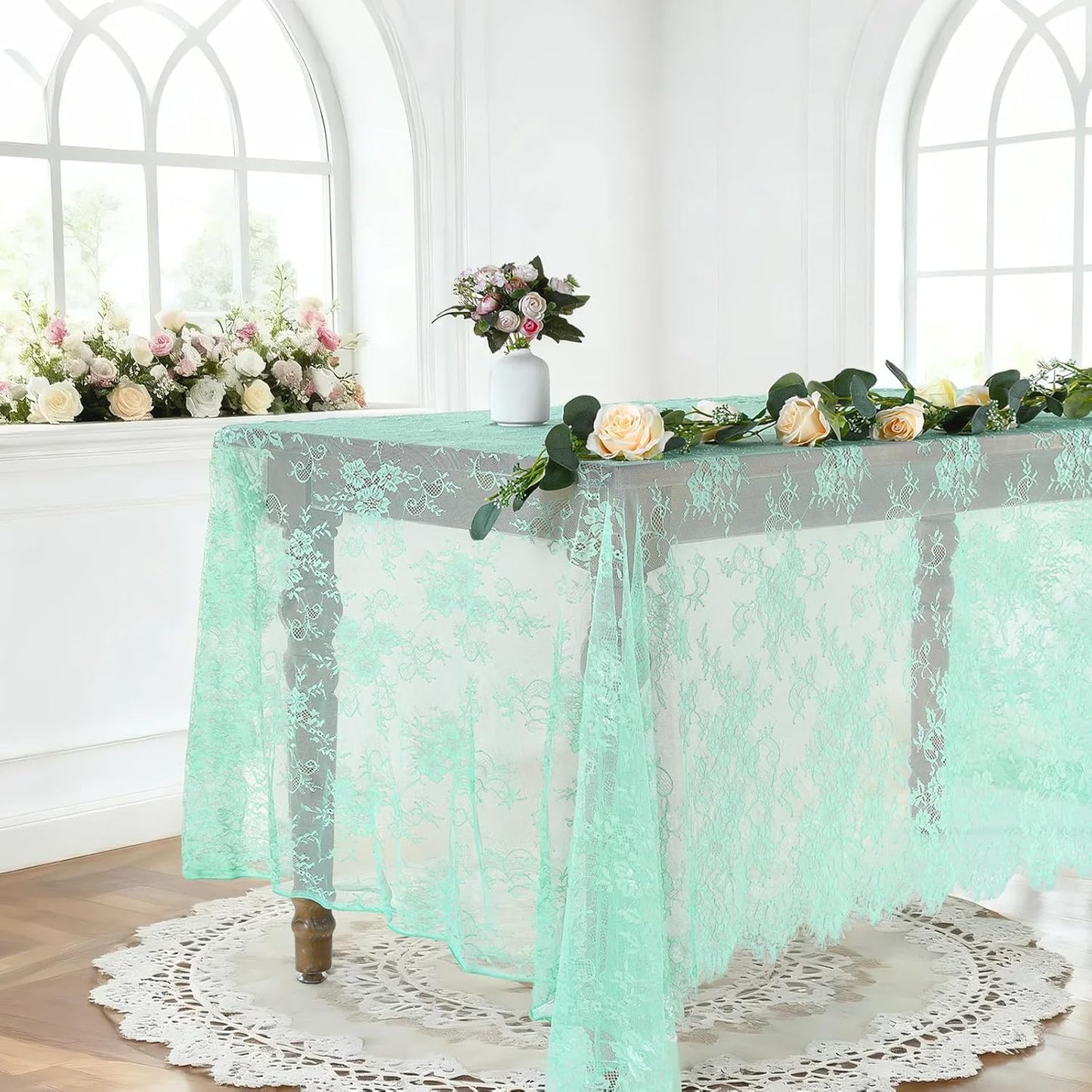 Light Green Lace Tablecloth Sheer Table Fabric 2pcs 60x120 Inch for Scary Movies Rustic Wedding Bridal Shower Party Decoration Rectangle Overlay Vintage Embroidered Reception Table Cloth Decor