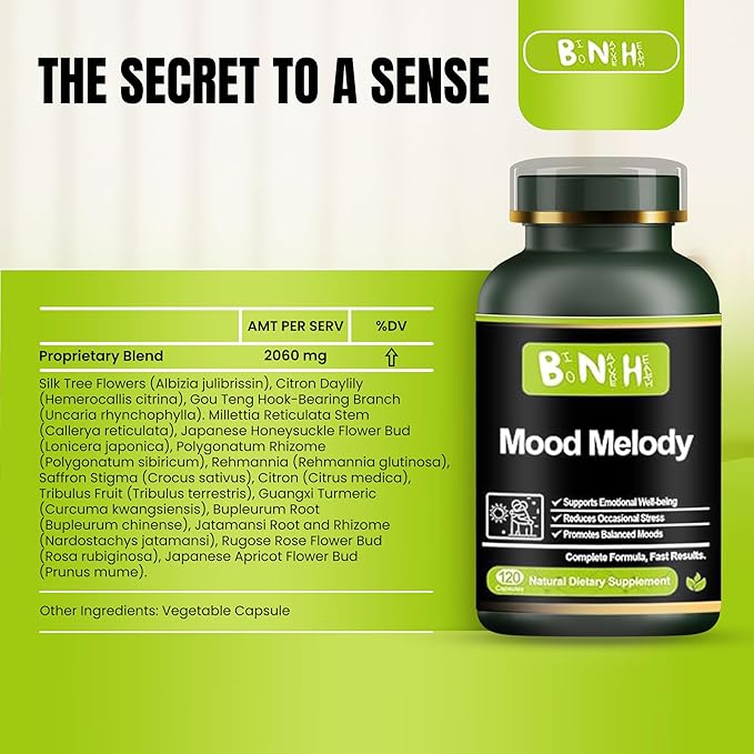 BNH Mood Melody - Balance Hormone Response - Serotonin - Dopamine - Oxidative Stress - Positivity - Relaxation - Encourages Neurotransmitter Production - 15 Clinically Proven Ingredients - 120ct