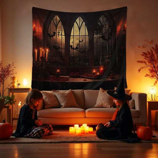 QGHOT Halloween Tapestry Wall Hanging Horror Castle Window Tapestry Gothic Spooky Backdrop Vampire Medieval Tapestries for Bedroom Living Room Dorm Wall Art Decor (59.1"x51.2")