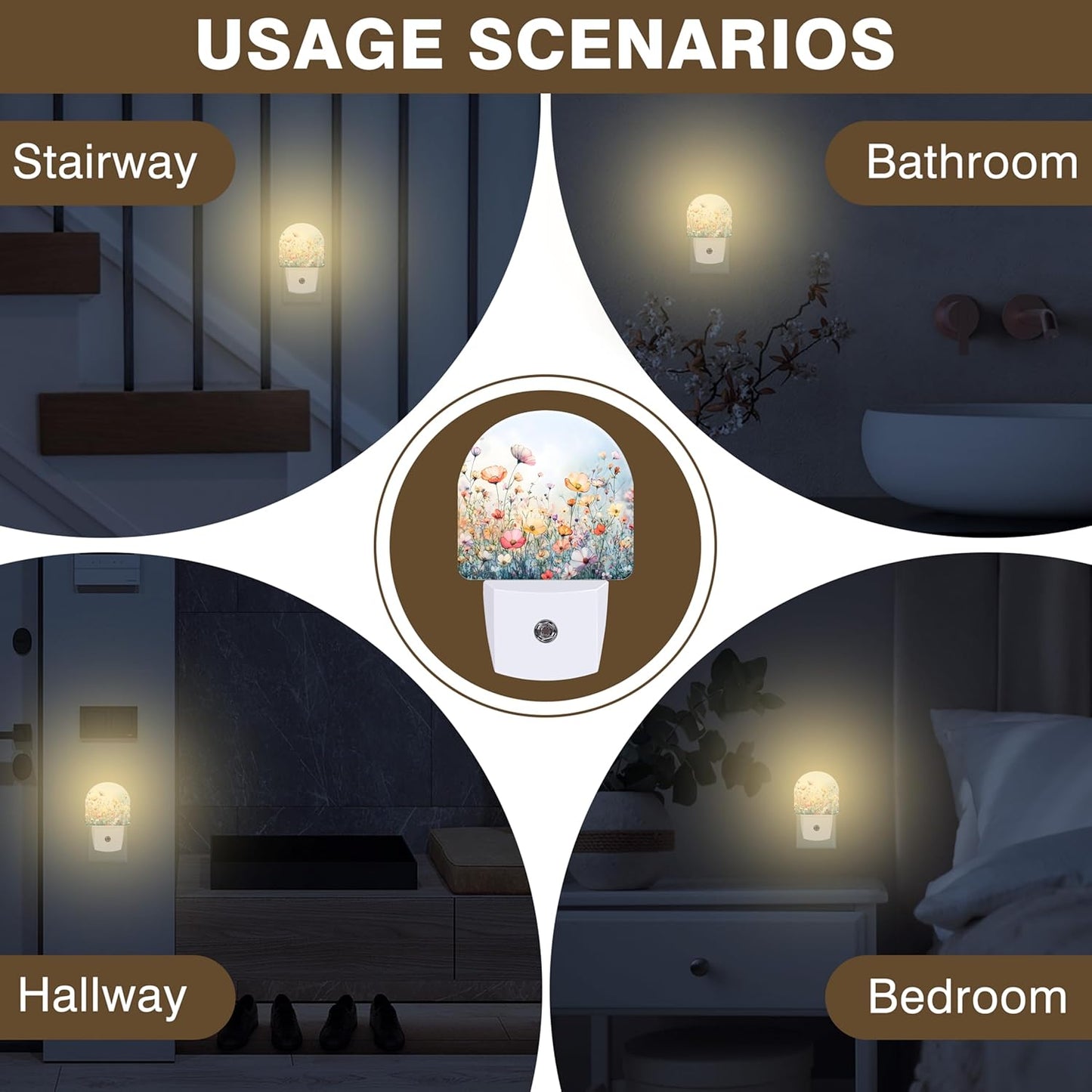 Night Lights Plug into Wall Watercolor Flowers Night Light Dusk to Dawn Smart Sensor Decorative Round Led Lamp for Bedroom Kitchen Hallway Nightlight for Women Men
