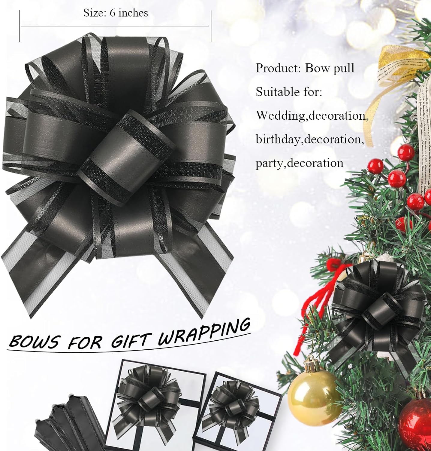 6 Pieces Large Pull Bows, 6 inches, Organza Fabric, Black, Wedding, Christmas, Birthday, Valentine's Day, Gift Wrapping, Party Decoration, Easy to Use