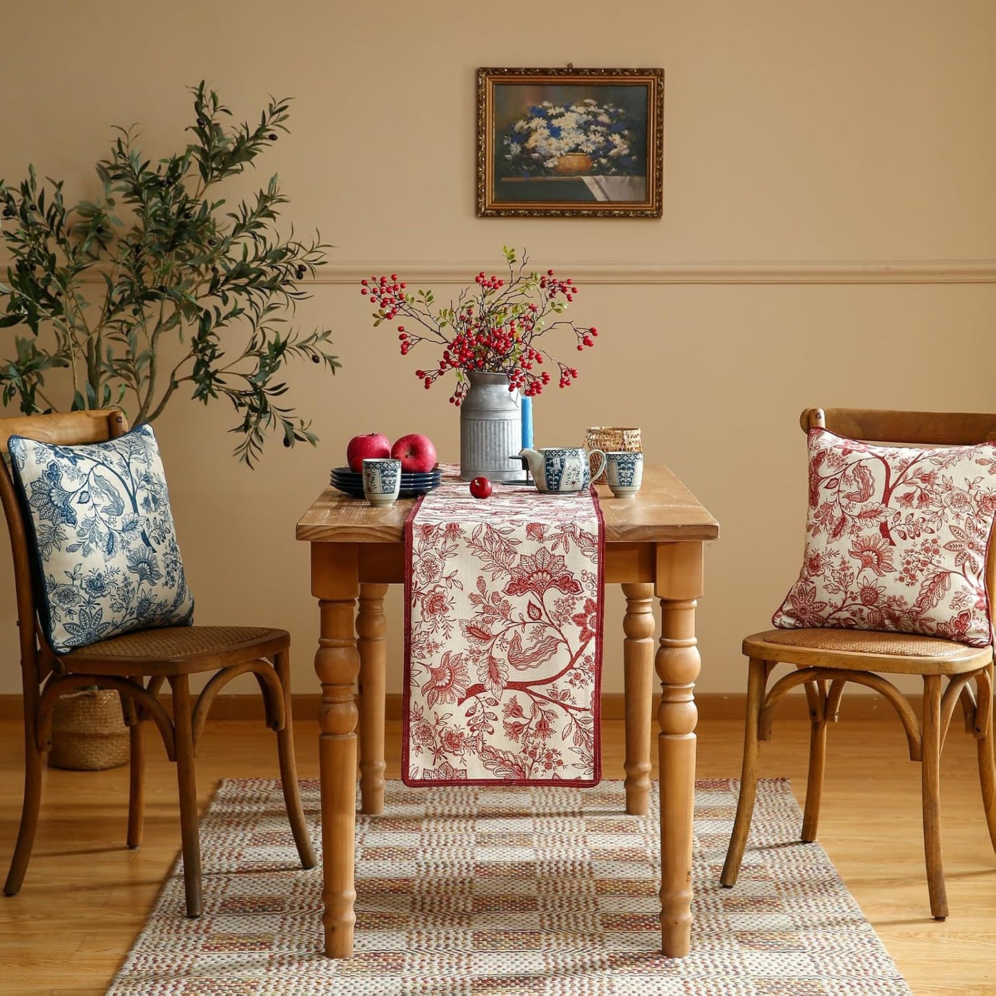 ISAENNE Designer Chinoiserie Elegant Linen Table Runner 87 Inches Long,Red Floral Pattern Decor Table Runners for Thanksgiving,Dining Room,Banquet,Kitchen Tables,Christmas,12"*87"-Ruyi A