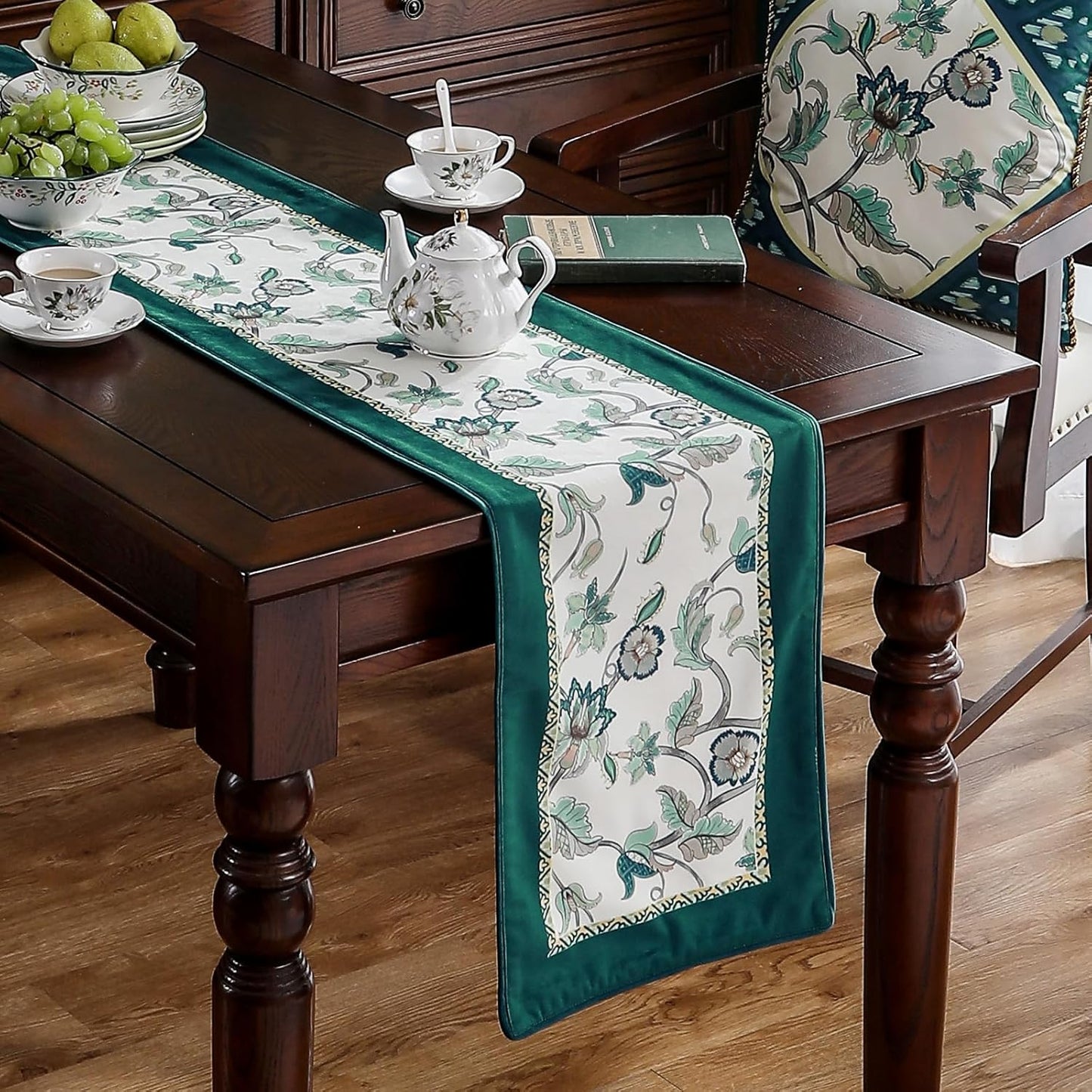 patdrea Designer Elegant French Floral Velvet Table Runner, Teal with Blossoms Pattern Table Mat, Decoration for Kitchen Dining Coffee Table Shelf Cabinet Banquet Thanksgiving,12"*102"