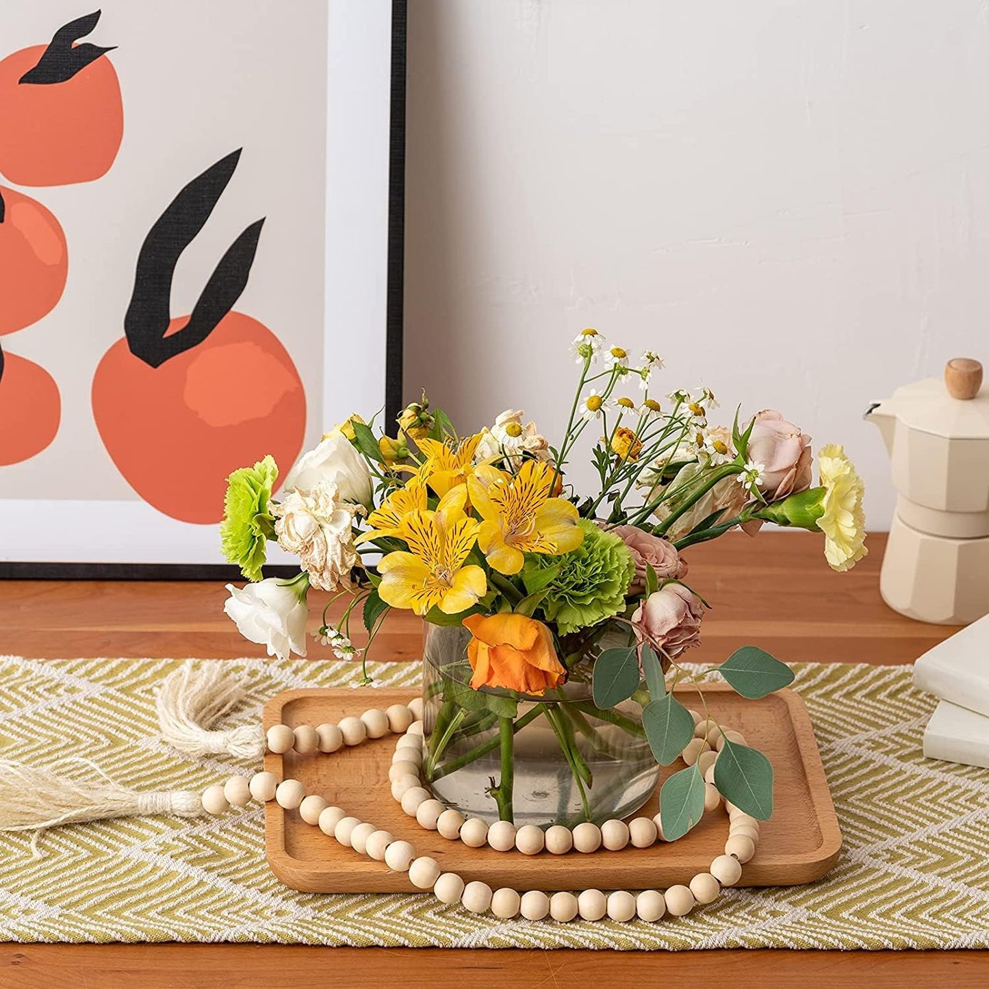 DECORKEY Wooden Beads, 58 Inch Farmhouse Wood Beads Garland for Boho Decor with Tassels, Rustic Country Decor for Coffee Table, Home, Living Room, Bedroom