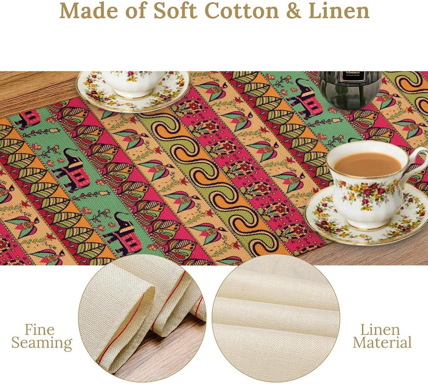 Boho Table Runner, Indian Bohemian Elephant Mandala Paisley Floral Hippie Art Print Table Center Decor for Home Kitchen Dining Patio Holiday Party Indoor Outdoor Table Decorations, 13"x72" Inch