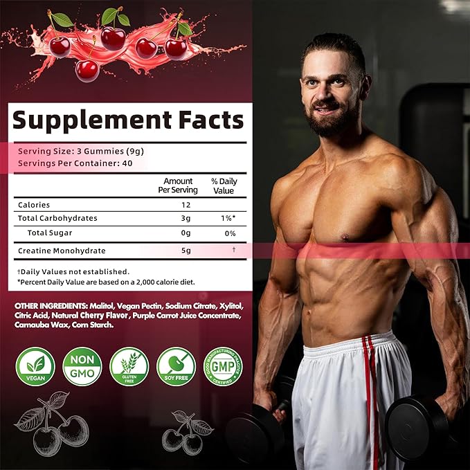 Creatine Monohydrate Gummies for Men & Women-5g of Creatine Monohydrate per Serving - Sugar Free,Vegan, Cherry Flavor, 120 Count
