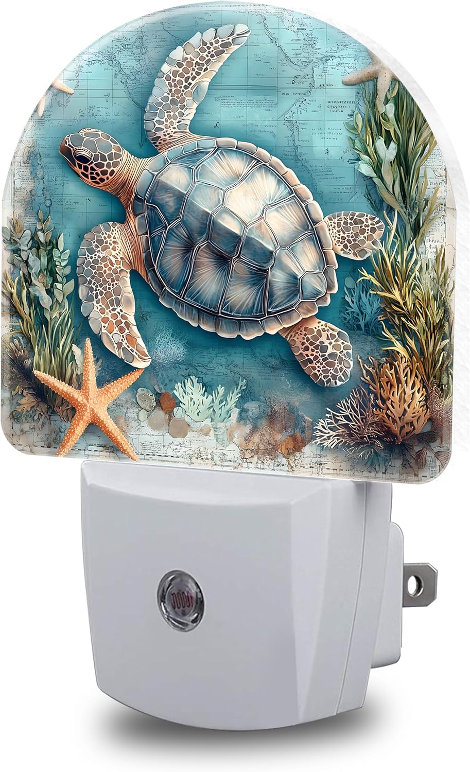 Starfish World Map Night Lights Plug into Wall Sea Turtle Night Light Dusk to Dawn Smart Sensor Decorative Round Led Lamp for Bedroom Kitchen Hallway Nightlight for Women Men