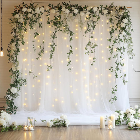 Tulle Backdrop Curtain with Lights String 10FT X 10FT White Sheer Tulle Backdrop Curtains for Wedding Birthday Party Reception Photo Booth Background Decorations (2 Panels 5x10FT)