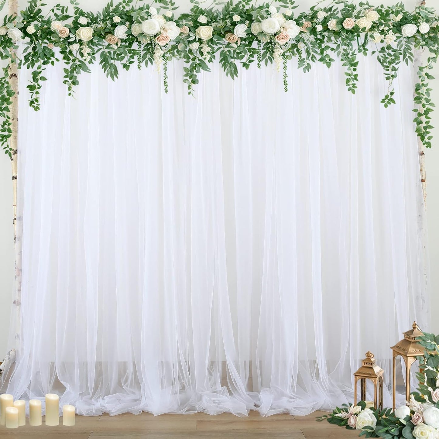 White Sheer Tulle Backdrop Curtains for Parties Wedding White Curtain Backdrop for Bridal Shower Birthday Party Baby Shower Photos Background 20ft x 8ft(5ft x 8ft, 4 Panels)