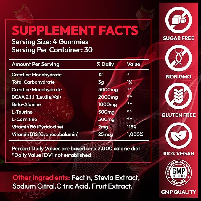 Creatine Gummies Monohydrate Complex 9000MG, Chewable Creatine Monohydrate Gummies for Men & Women with L-Taurine, BCAA 2:1, B12/6, Building Muscle Strength and Boost Focus, 30 Days Supply