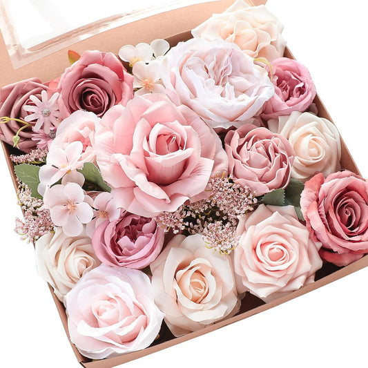 Floroom Dusty Rose Cream Artificial Flowers Fake Roses Peonies and Greenery Combo Box Set for DIY Wedding Bouquets Bridal Shower Centerpieces Floral Arrangements Party Tables Home Decorations