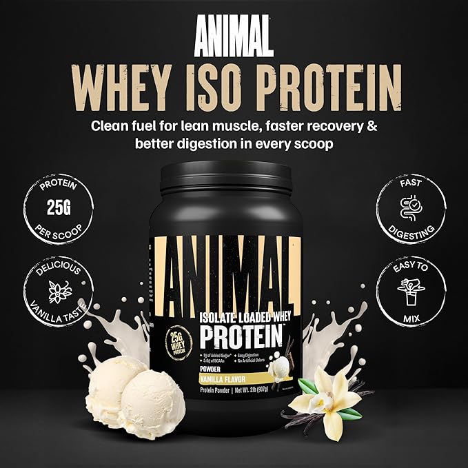 Animal Whey Isolate Protein Powder - Loaded for Pre & Post Workout Muscle Builder and Recovery with Digestive Enzymes for Men & Women - 25g Protein, Great Taste, Low Sugar - Vanilla 2 lbs
