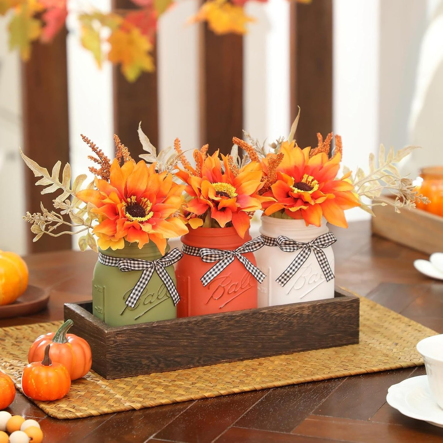 Thanksgiving Fall Mason Jar Centerpiece for Table with Artificial Flowers, Set of 3 Mason Jars Farmhouse Decor Decorative Jars for Thanksgiving Home Decor, Thanksgiving Dinner Table Centerpiece