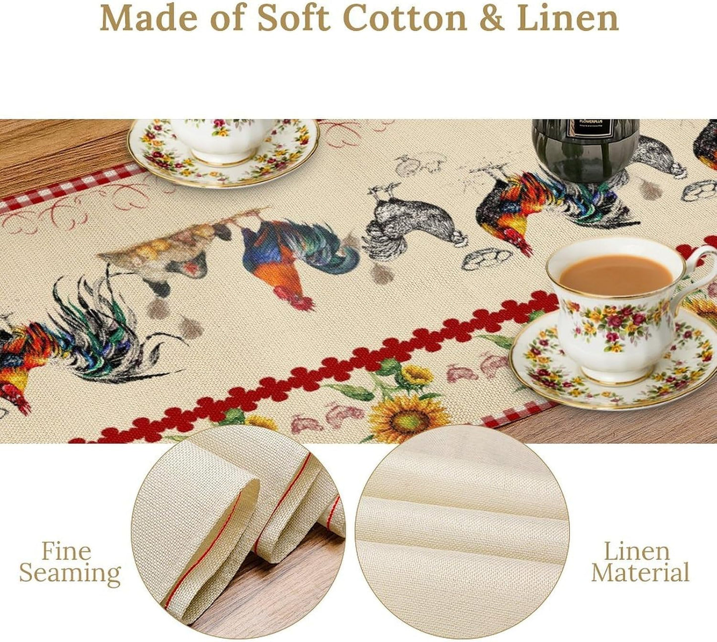 Rustic Rooster Table Runner,Vintage Country Farm Sunflower Chicken Red Plaid Print Tablecloth Burlap for Hotel Indoors Outdoor Dining Room Kitchen Home Decor,W13X L36 in