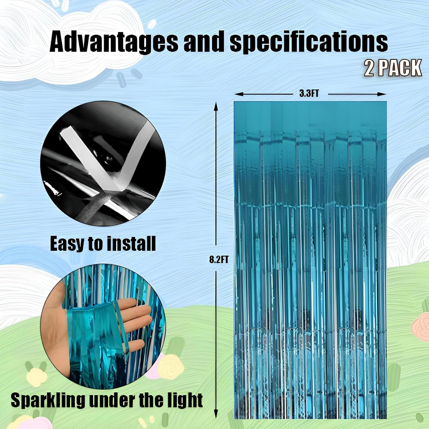 Keyali 2 Pack 3.3 * 8.3 ft Foil Curtain Metallic Tinsel Fringe Curtains Photo Booth Props Backdrop for Birthday Wedding Engagement Baby Shower Christmas Holiday Celebration Partyl,Light Blue