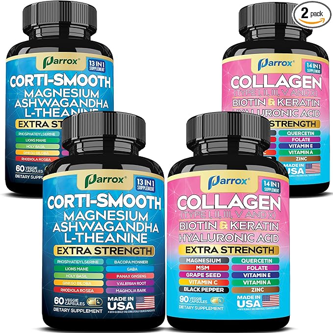 Shining Serenity Set, Cortisol Support with Ashwagandha, L-Theanine, Magnesium, Lions Mane, GABA, Bacopa Monnieri, Collagen I, II, III, V, X, Folate, Biotin, Keratin, Hyaluronic Acid (2 Pack)