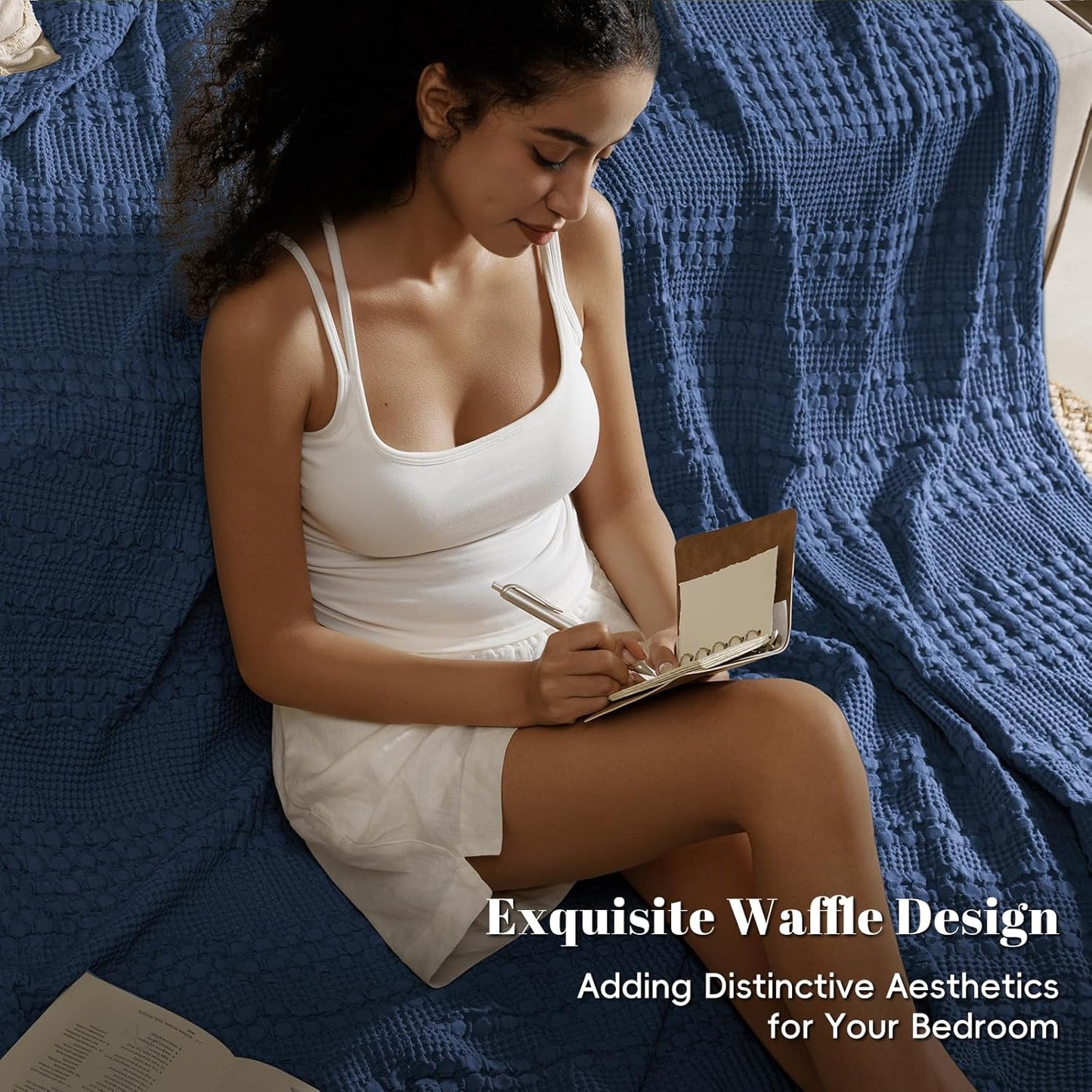 PHF 100% Cotton Waffle Weave Blanket Twin Size for Bed, Soft Lightweight & Breathable, All-Season Comfort, Luxury Aesthetic Woven Bedding for Home Decor, 66"x90", Bright Navy Blue