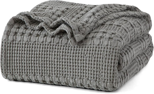 PHF 100% Cotton Waffle Weave Blanket Queen Size for Bed, Soft Lightweight & Breathable, All-Season Comfort, Luxury Aesthetic Woven Bedding for Home Decor, 90"x90", Dark Grey