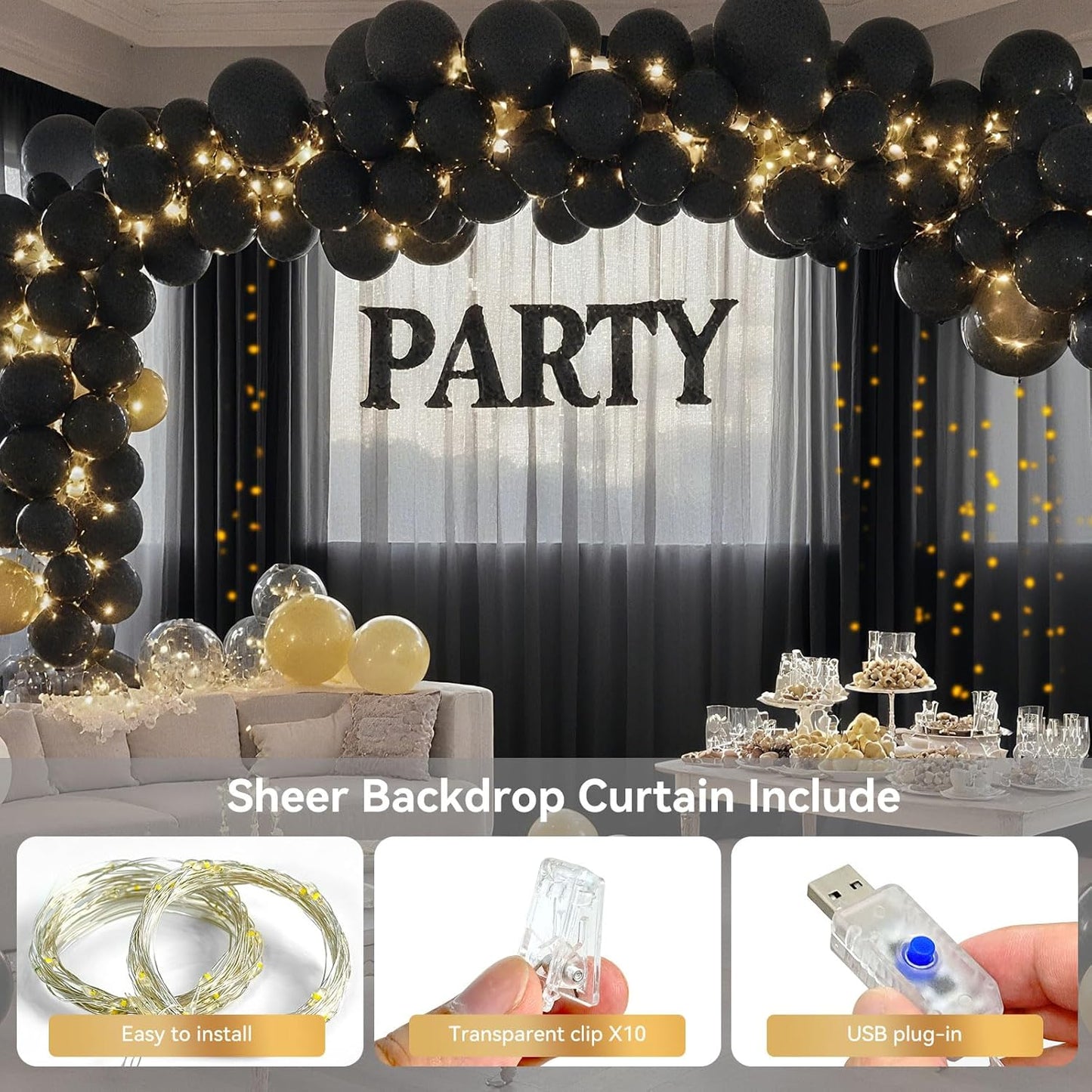 Ledido 10×8ft Tulle Backdrop Curtains with Lights String - 300LED Fairy Lights Sheer Curtain Backdrop for Weddings Baby Shower and Birthday Party Decorations(2 Panels 5×8ft)