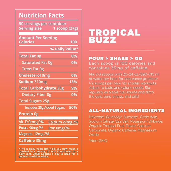 Tailwind Nutrition Endurance Fuel, Carbohydrate & Electrolyte Sports Drink Mix Powder, Gluten-Free, Vegan, Tropical Buzz, 50 Servings (Caffeinated)