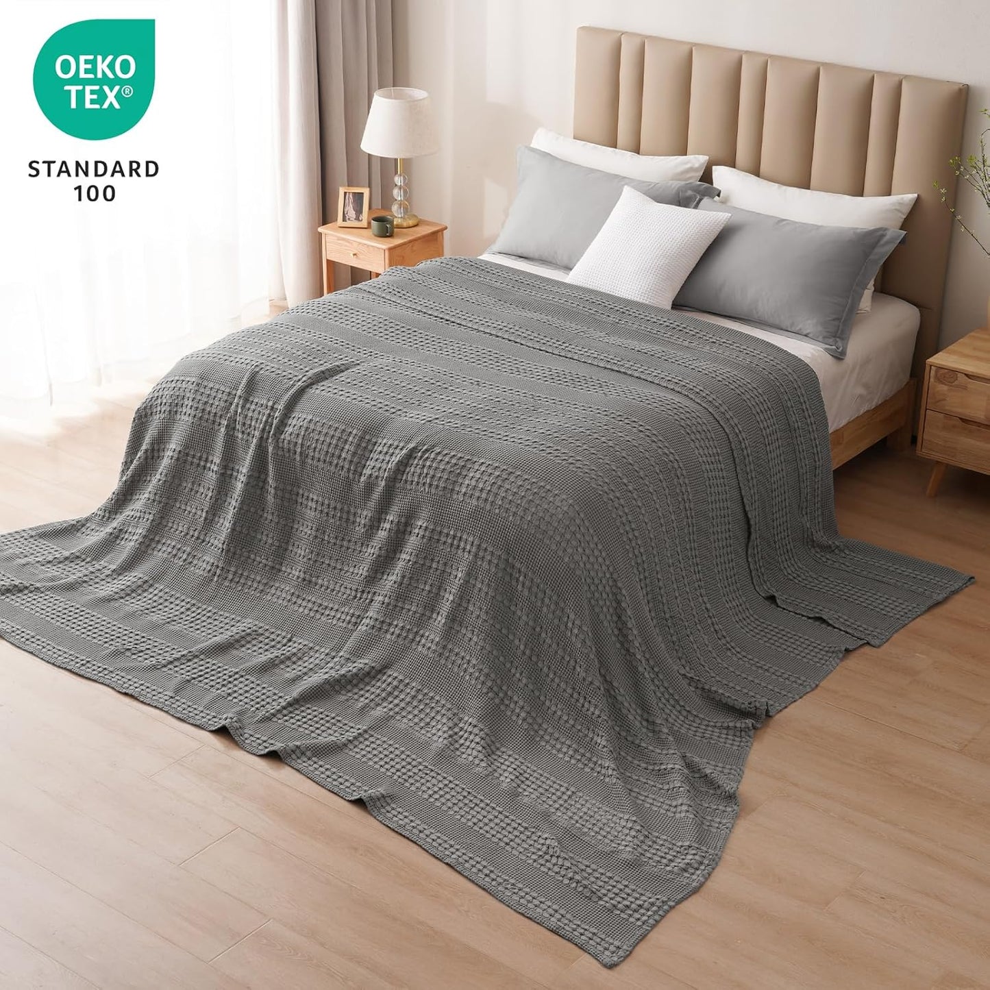 PHF 100% Cotton Waffle Blanket Oversized King 120"x120", Lightweight Breathable Extra Large 10'x10' Blankets for Bed, Giant Big Luxury Aesthetic Woven Bedding for Home Decor, Dark Grey