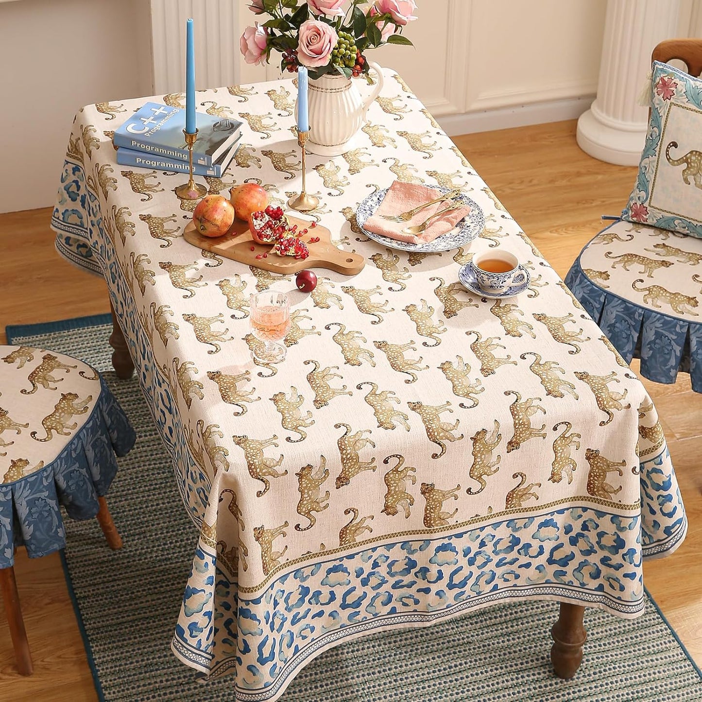 patdrea Designer Linen Rectangular Table Cloth,Vintage Leopard Animal Soft Extra Long Tablecloth,Fall Dacorative Cover for Kitchen Dining,Christmas,Parties,Holiday,Thanksgiving,63"x110"-from