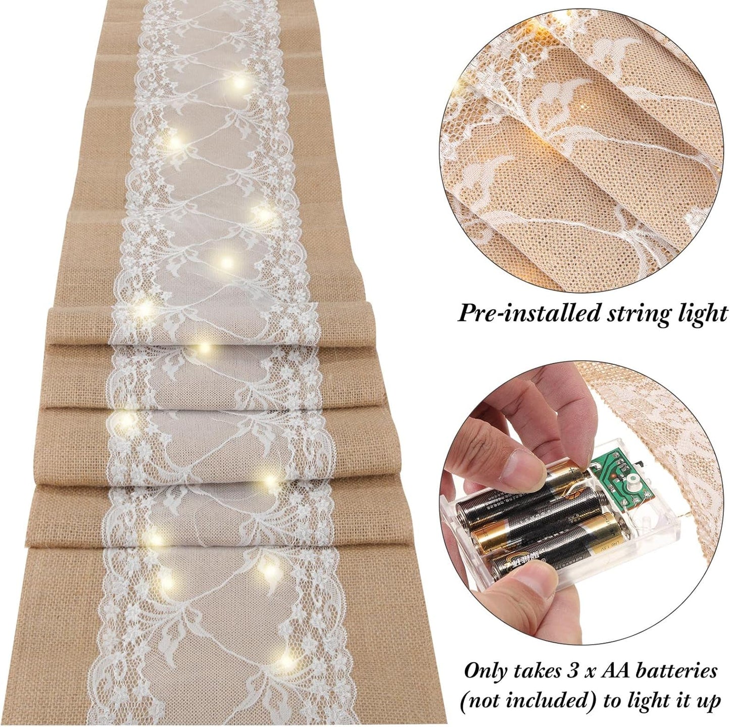 Xinnun 6 Pcs Burlap Table Runner with Lights 12 x 108 Inches Burlap Lace Table Runner Rustic Wedding Decorations Home Party (Vine)