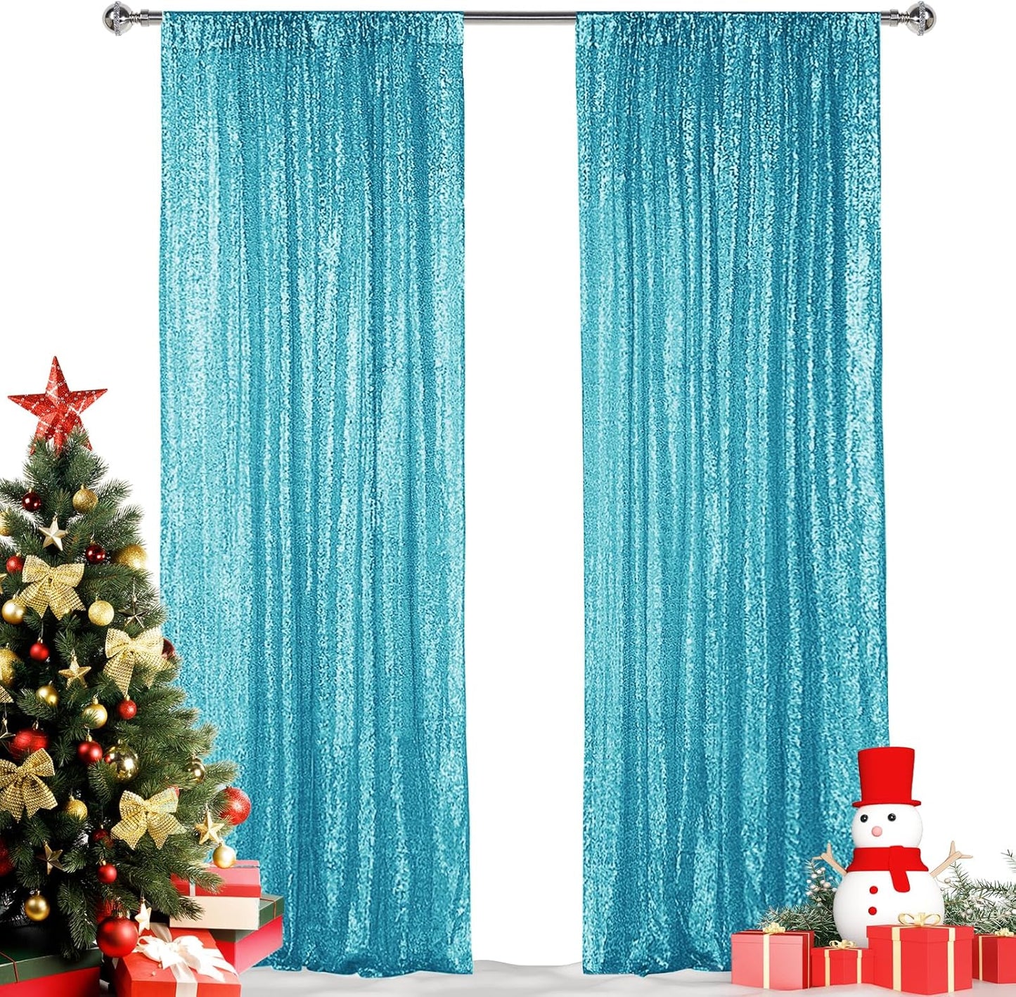 Hahuho Turquoise Sequin Backdrop Curtain, 2PCS 2FTx8FT Glitter Backdrop Curtain for Parties, Christmas, Wedding, Party Decoration（2 Panels, 2FT x 8FT, Turquoise