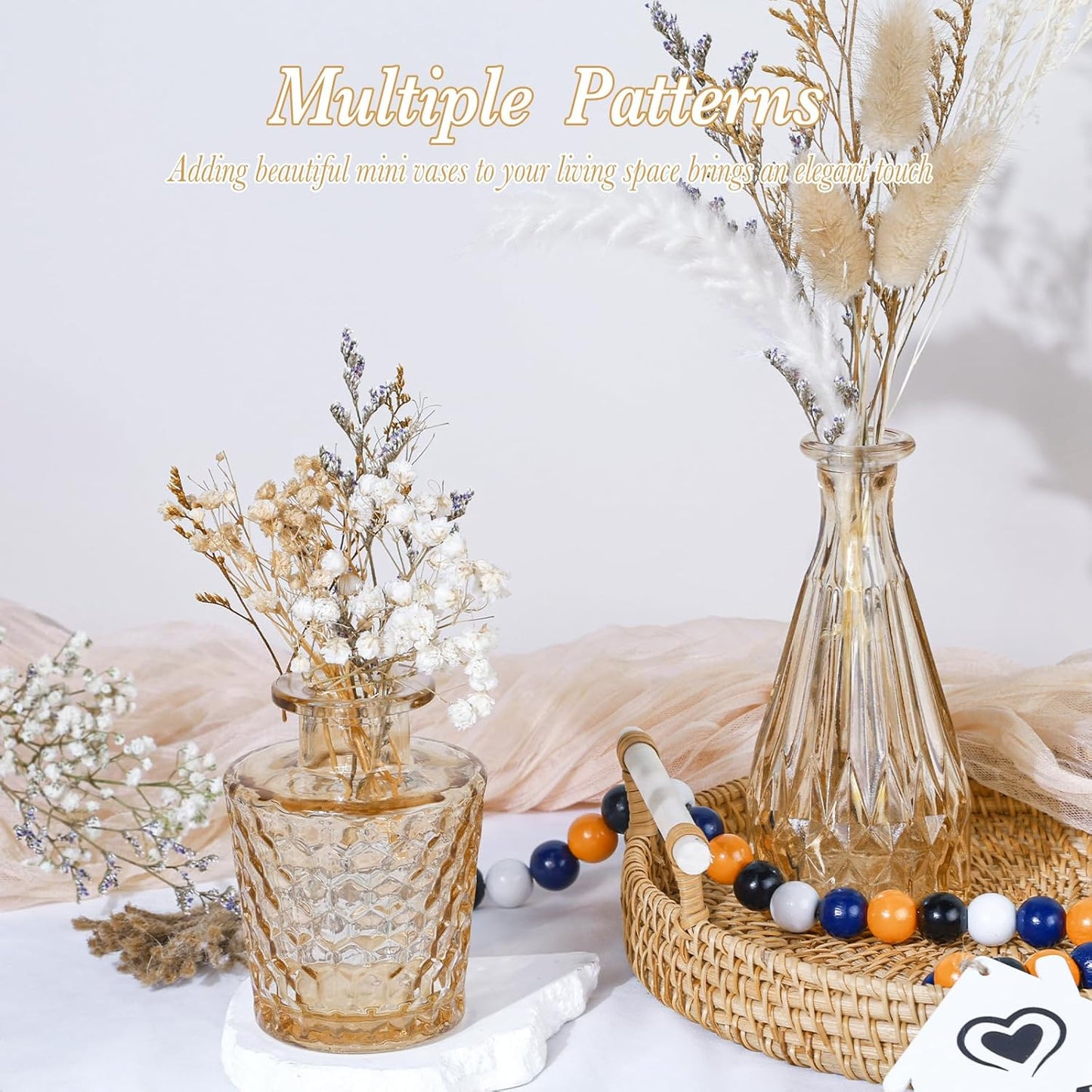 Amber Glass Bud Vases Set of 5, Gold Flower Vase for Centerpieces, Small Clear Vases in Bulk for Wedding Decorations, Vintage Vase for Table, Recepetion, Home Décor