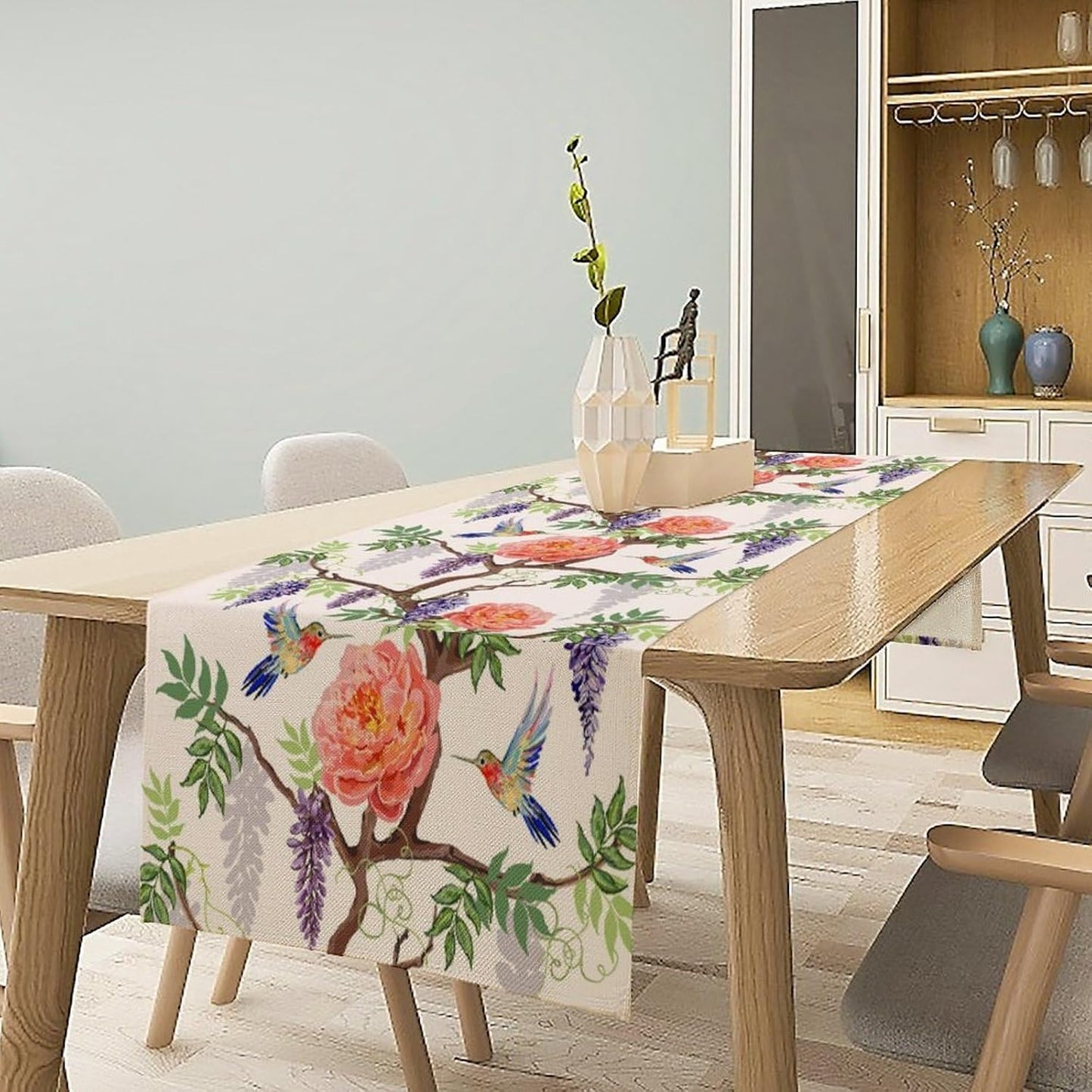 Vintage Bird Flower Table Runner Seasonal Spring Purple Wisteria Garden Plants Lavender Pink Florals Farmhouse Country Kitchen Dinner Runner Dining Table Decoration for Home Party Holiday 13"x90"