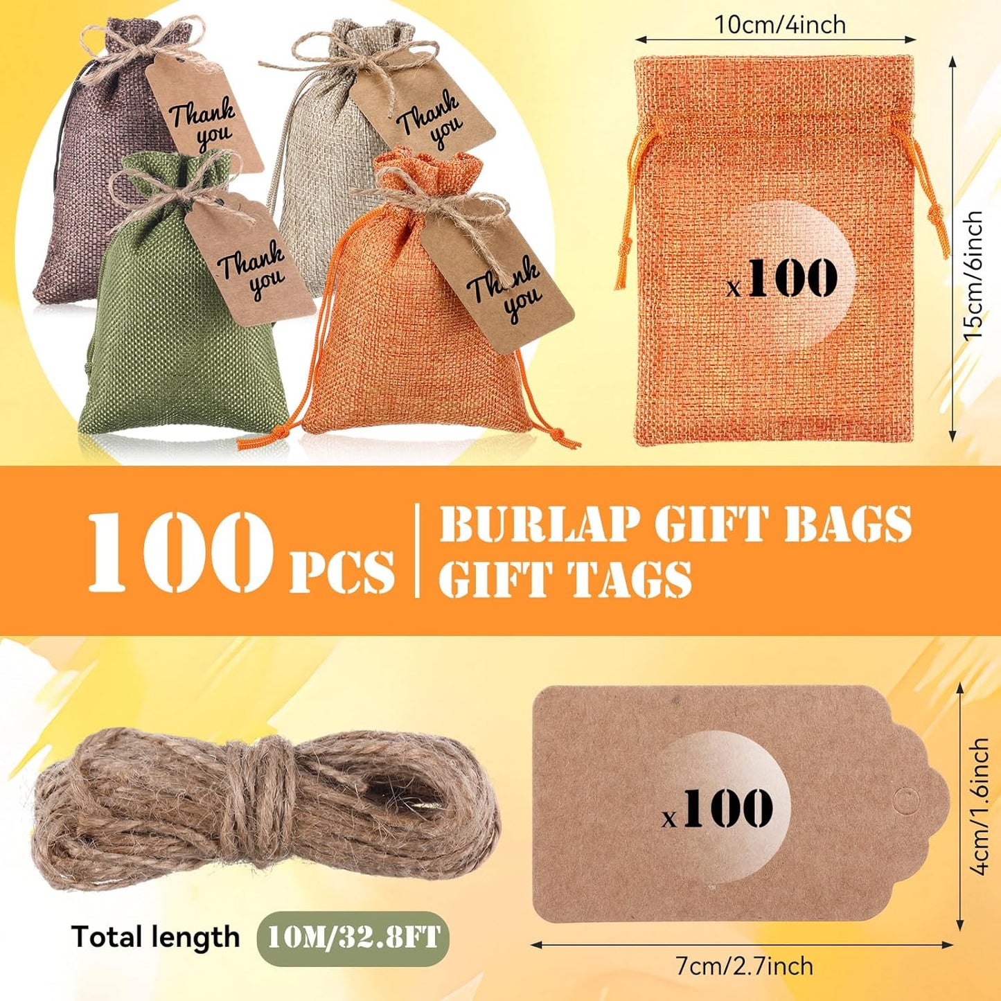 Woanger 100 Pcs Burlap Gift Bags with 100 Pcs Kraft Paper Gift Tags Drawstring Favor Bulk Burlap Sack Bags for DIY Wedding Party Craft(4 x 6 Inch,Natural Color, Dark Brown, Military Green, Orange)