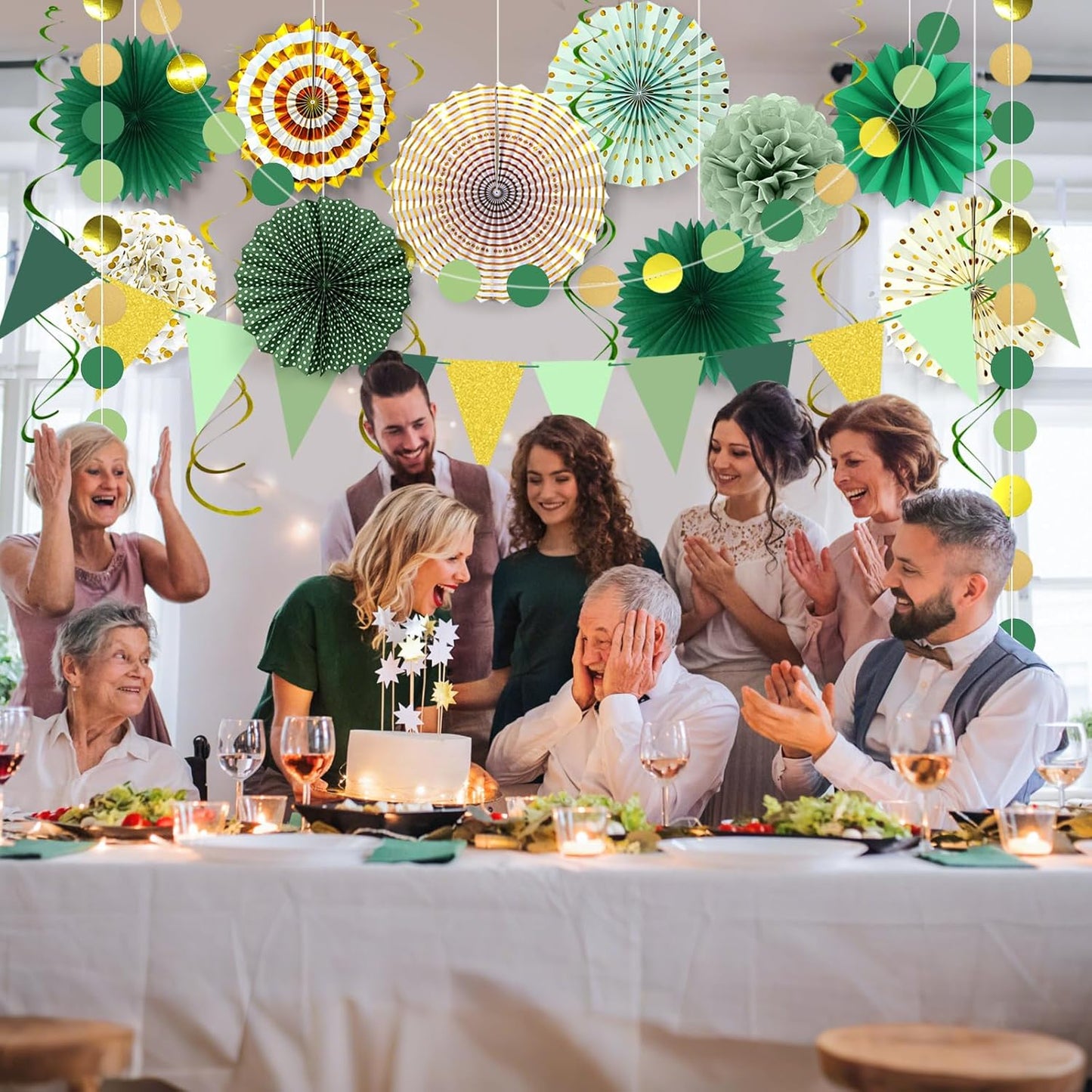 Paper Fans Party Decorations Glitter Green Gold Paper Triangle Flag Banner Tassel Garland Circle Banners Party Supplies for Bachelorette, Birthday, Bridal Shower Birthday Wedding Bachelorette