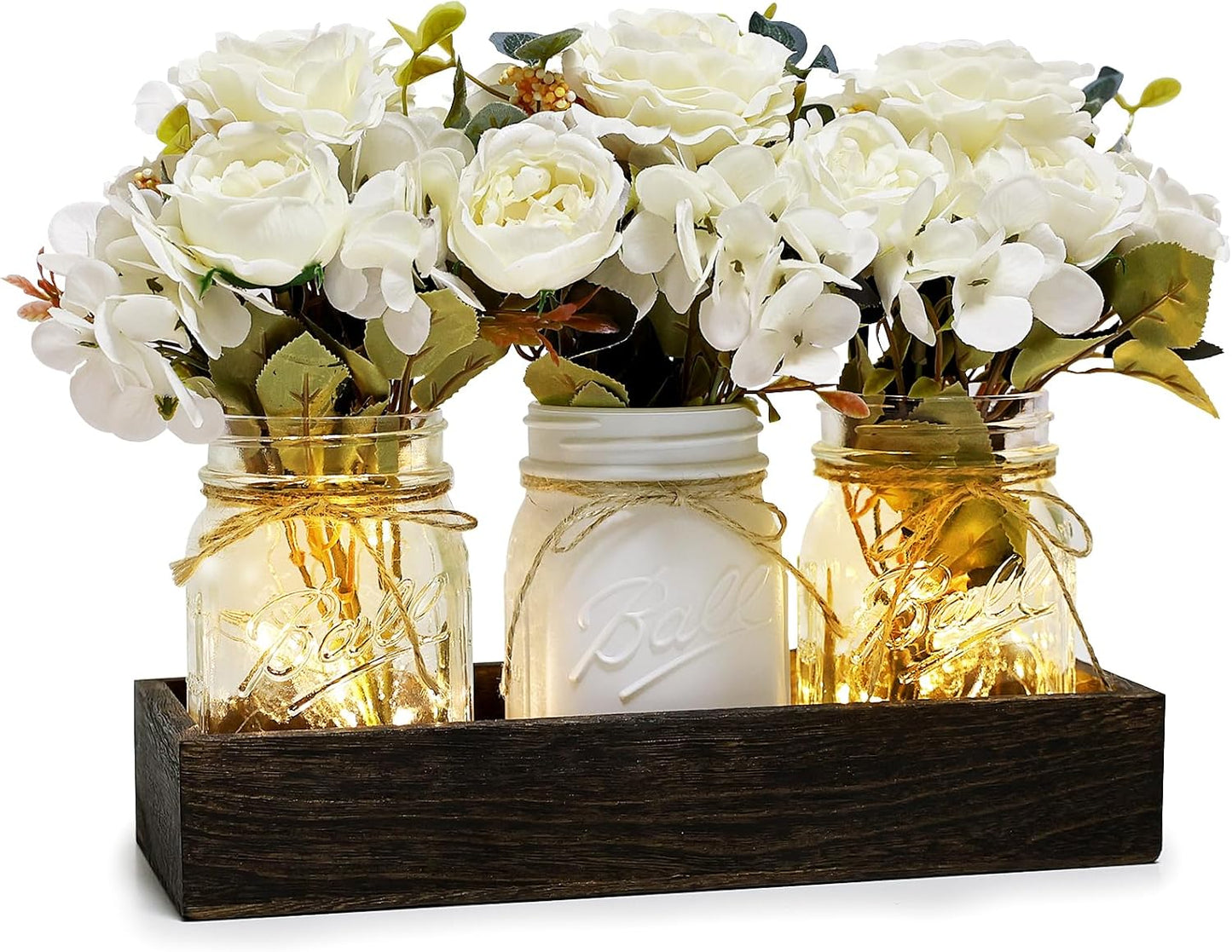 Mason Jar Lights Centerpiece for Table, Mason Jar Centerpiece Table Decor for Dining Room Farmhouse Coffee Table Decor with Wood Tray Fairy Lights Fake Peony Flowers for Kitchen Living - Ivory