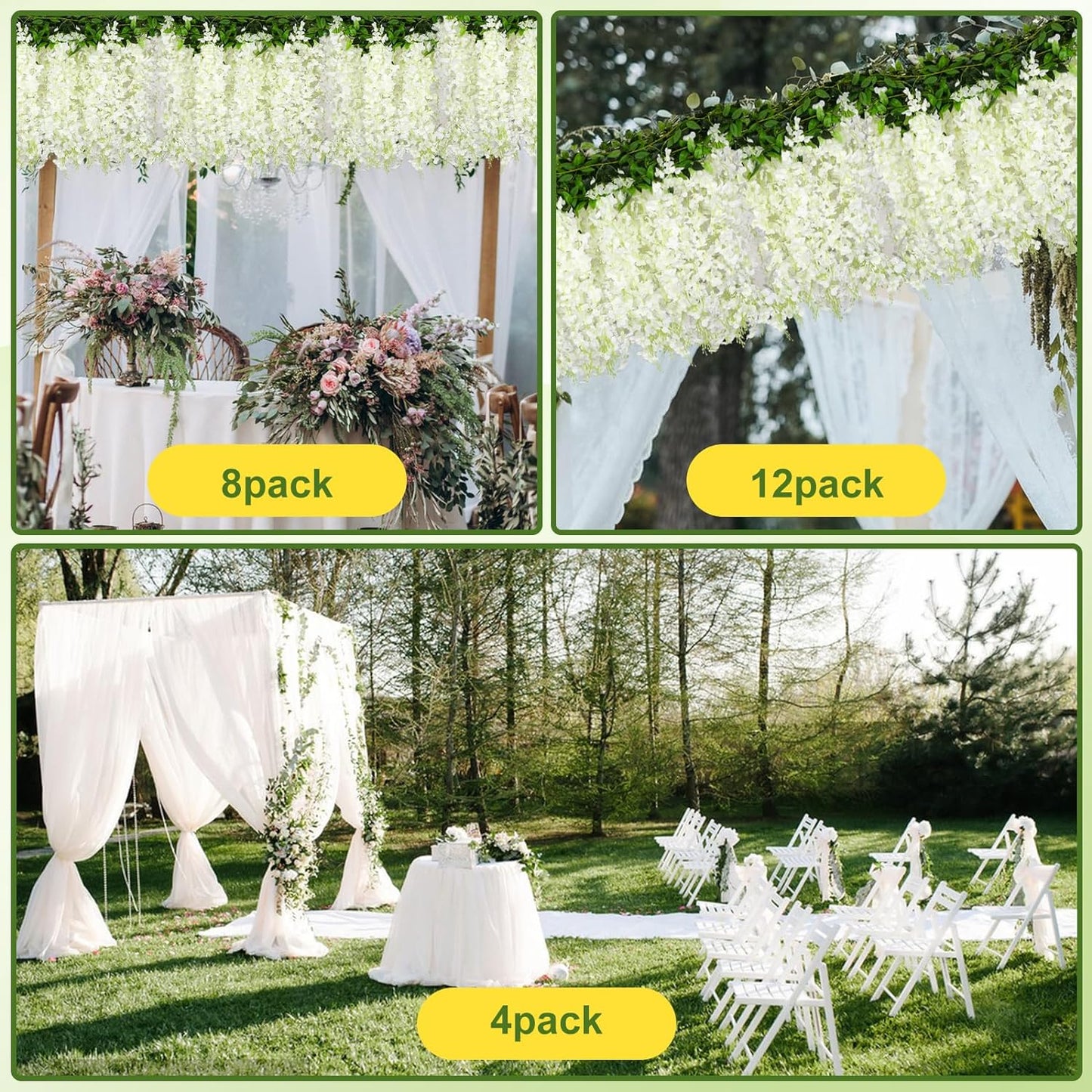 Wisteria Artificial Flowers Garland，6Pcs Total 36ft Silk Fake White Wisteria Flowers Hanging for Home Garden Wedding Arch Party Indoor Outdoor Decor
