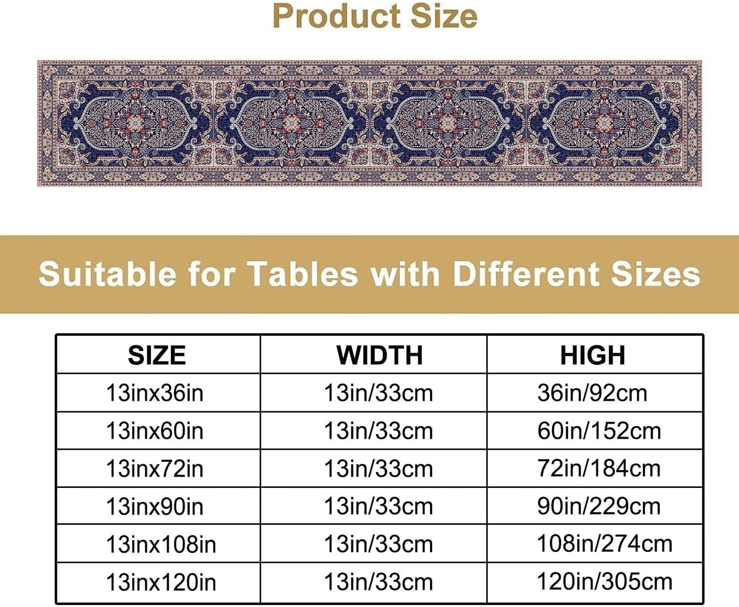 Vintage Boho Floral Table Runner, French Rustic Country Farmhouse Purple Golden Bohemia Flower Pattern for Home Kitchen Table Decor Dining Coffee Room Party Decor 13x90in