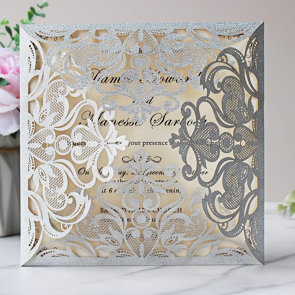 Hosmsua 50PCS Personalized Silver Glitter Laser Cut Wedding Invitation Cards With Envelopes 6.3 x 6.3 Inch Hollow Lace Rose Pocket and for Quinceanera Wedding Invite (Silver Glitter)