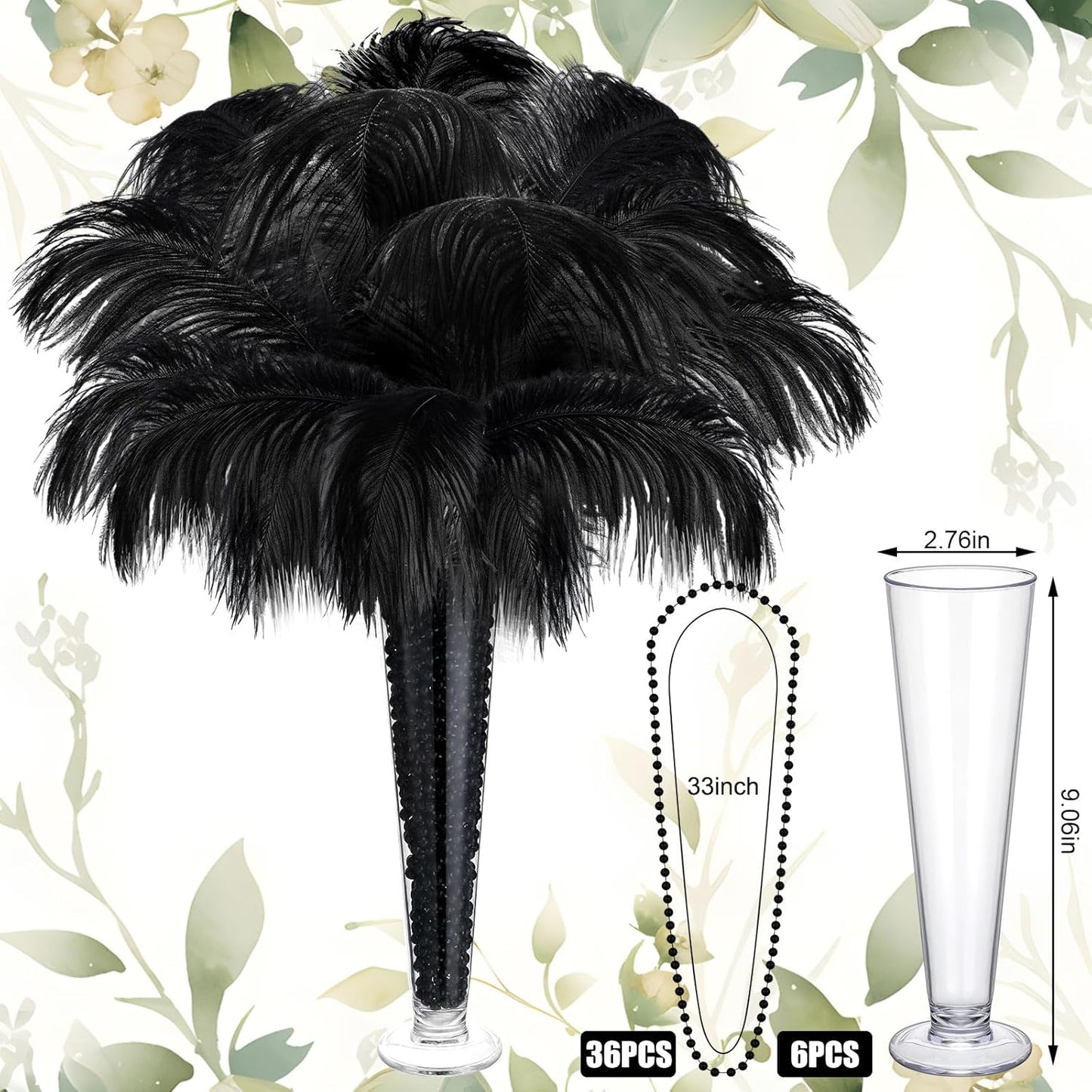 Yuxung 6 Sets Wedding Table Centerpiece Accessories Including 159 Pieces Natural Ostrich Feather Bulk Plastic Vases and Beads Necklaces for Wedding Home Party Centerpiece Supplies(Black)