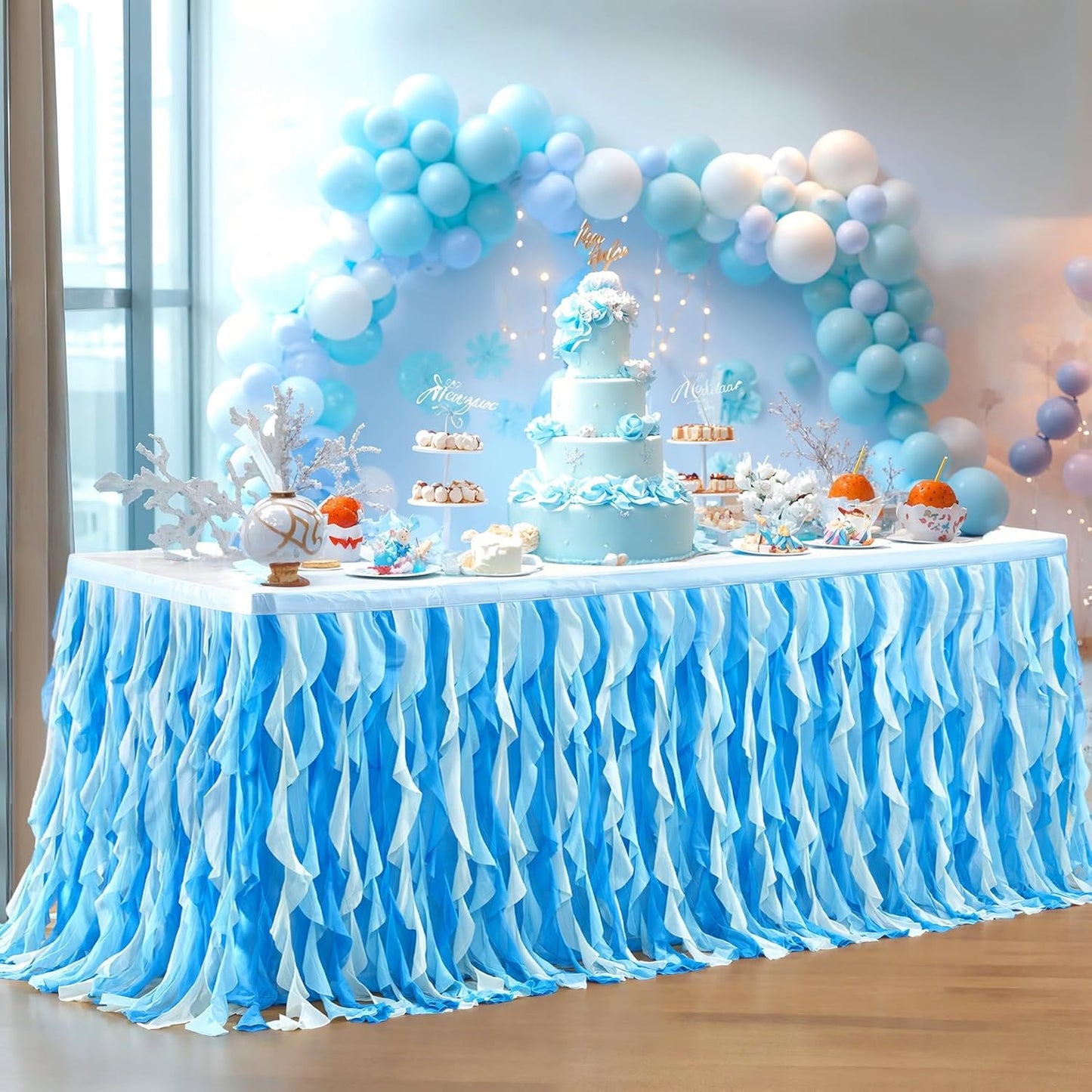 Partisky Ocean Blue Tulle Tutu Ruffle Curly Willow Table Skirt for Rectangle Table 17ft,Under The Sea Baby Shark Themed Table Cloth for Boys Girls Birthday Party or Baby Shower