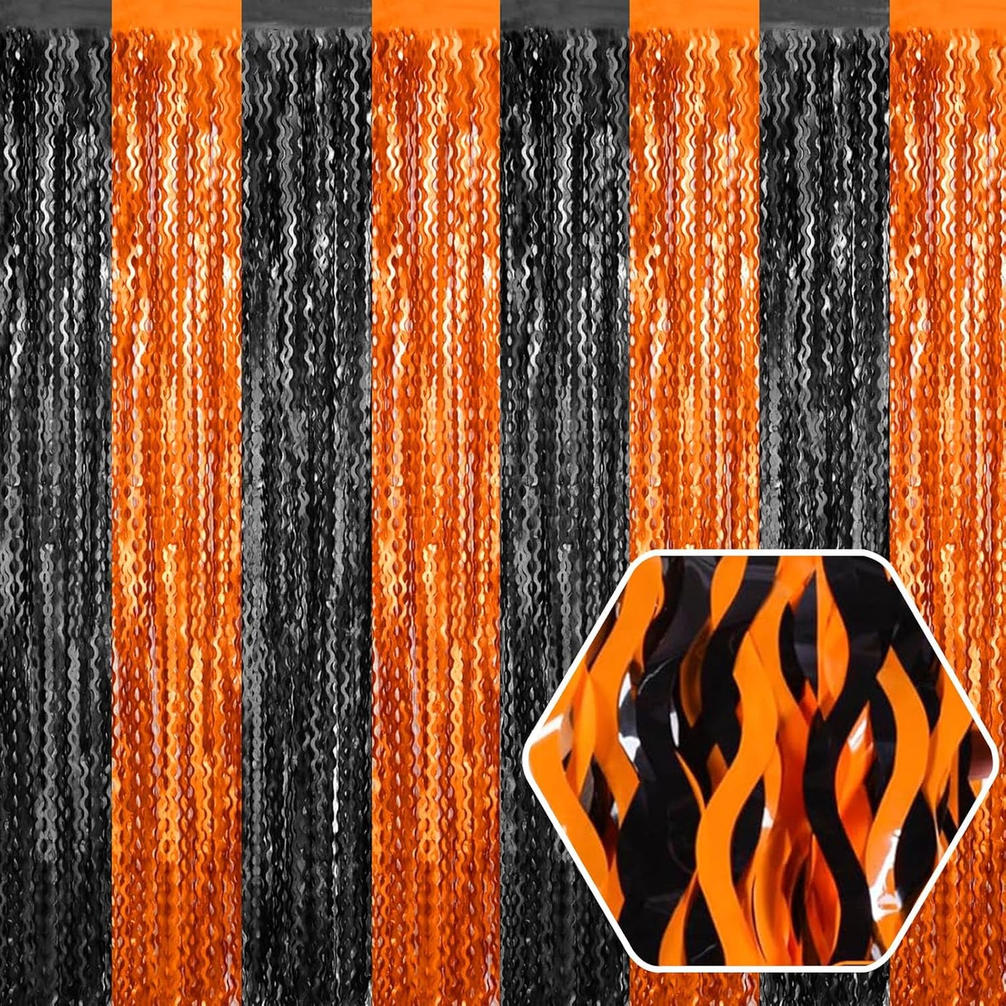 4 Pack Black Orange Wave Foil Fringe Curtain Backdrop, 3.28Ft x 8.2Ft Metallic Tinsel Foil Fringe Streamer Curtains for Photo Booth, Mother's Day, Easter, Birthday, Wedding Party Decoration