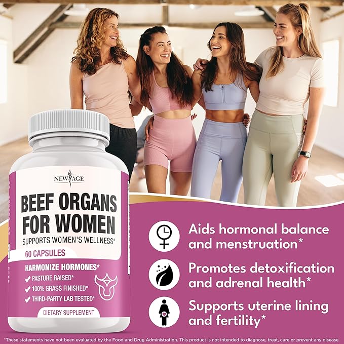 NEW AGE Beef Organ Supplement for Women - Beef Liver, Kidney, Heart and Uterus Tissue, Supports Women's Overall Energy and Health - Pasture Raised, Grass Fed - No Fillers - 180 Capsules