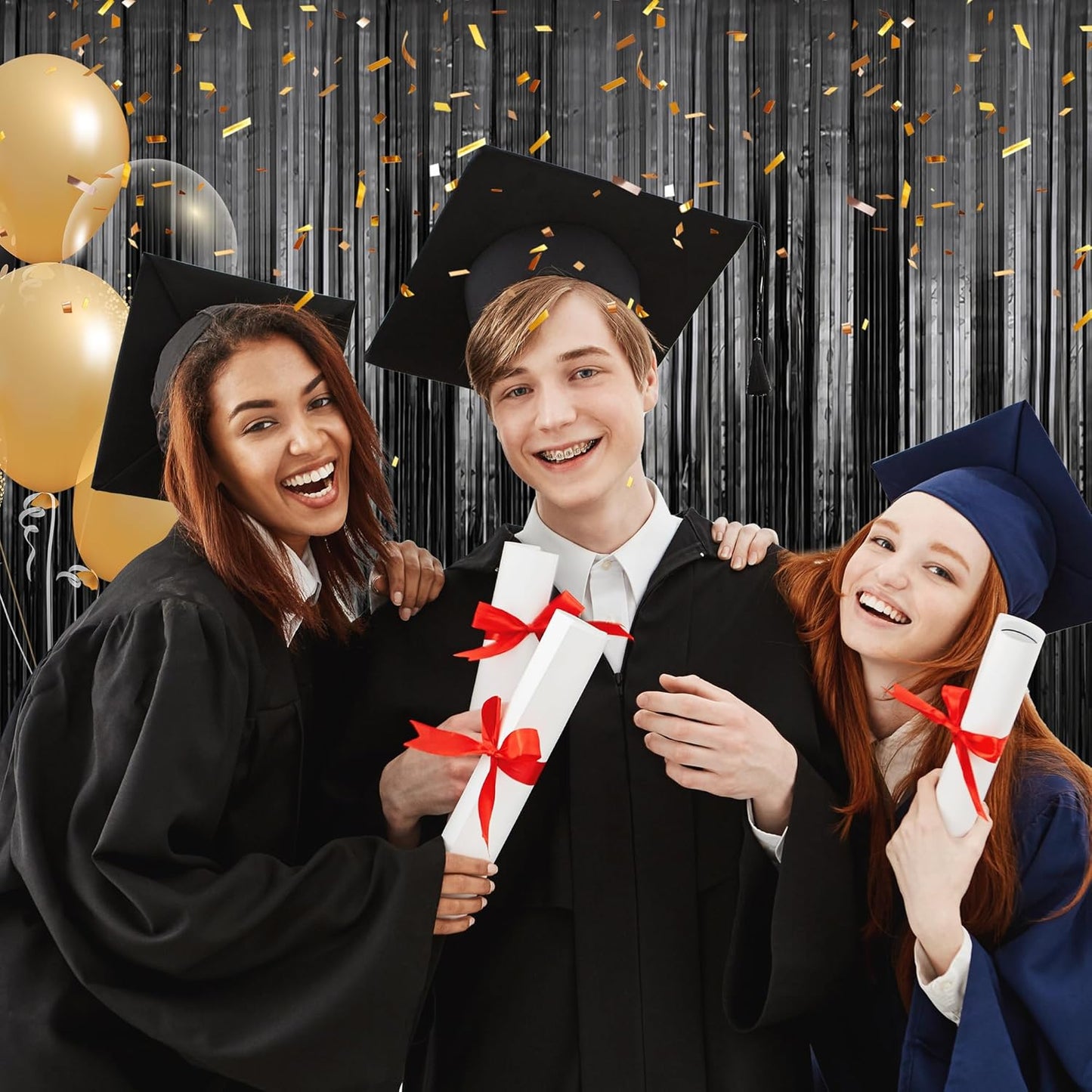 Crosize 7 Pack 3.3 x 9.9 ft Black Foil Fringe Backdrop Curtain, Streamer Backdrop Curtains, Streamers Birthday Party Decoration, Rose Gold Tinsel Curtain for Parties, Galentines Decor, Baby Shower