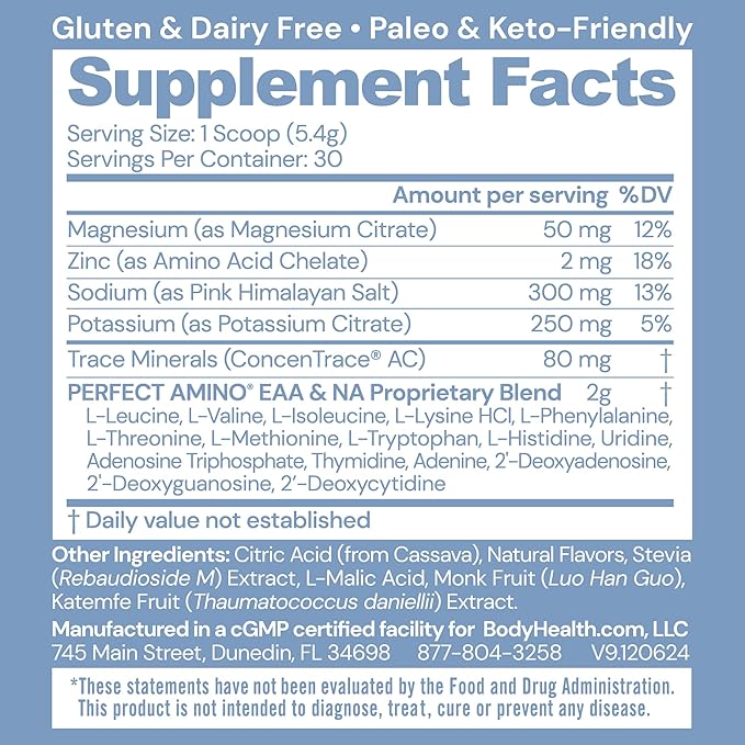 BodyHealth PerfectAmino Electrolytes Powder No Sugar, Keto Sugar Free Fasting Electrolytes Drink Mix, Hydration Powder with Trace Minerals - Orange - 30 Servings