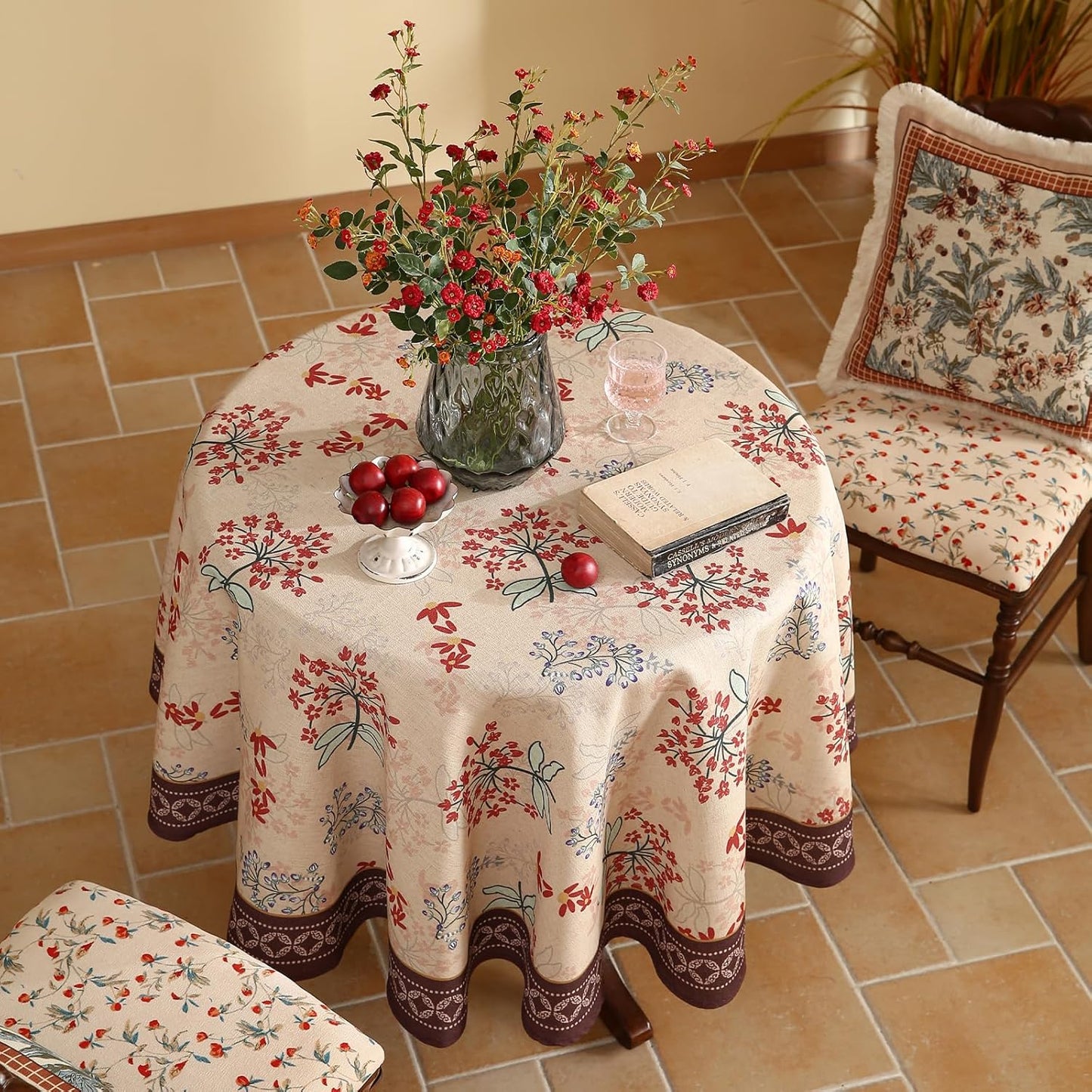 patdrea Designer Vintage Linen Table Cloth for Round Table,Red Floral Durable Breathable Tablecloth,Dacorative for Kitchen Dining,Holiday,Christmas,Thanksgiving,Tea Party,Diameter 55"-Newmari