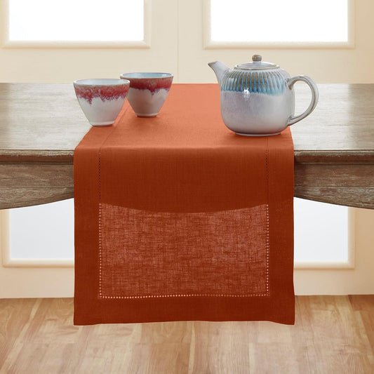Solino Home Linen Cinnamon Table Runner 156 Inches Long - 100% Pure Linen Extra Long Table Runner 14 x 156 Inch - Classic Hemstitch - Fall, Autumn, Halloween, Thanksgiving