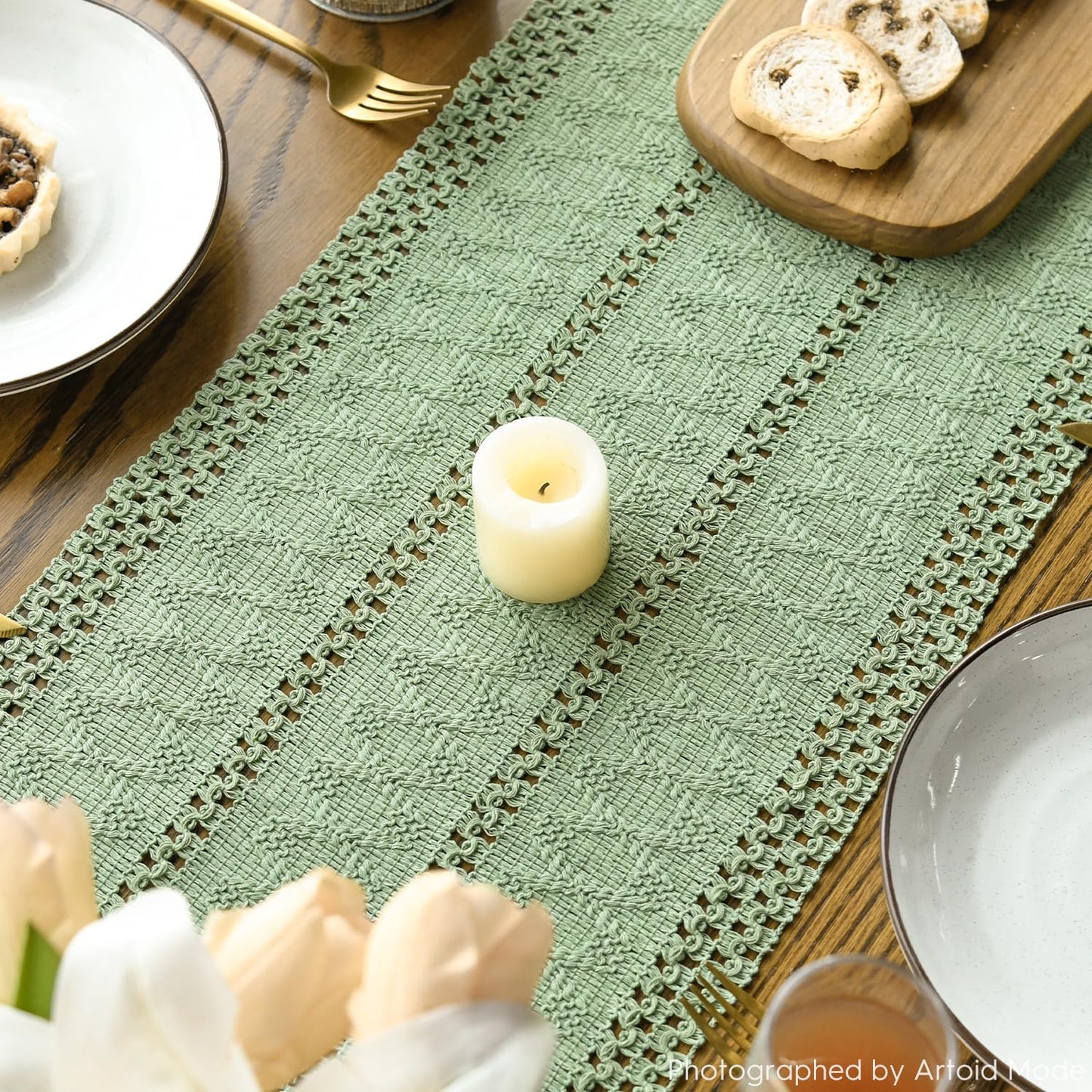 Artoid Mode Light Green Farmhouse Woven Rustic Hollow Table Runner, Seasonal Holiday Kitchen Dining Table Decoration for Home Party Decor 12x36 Inch