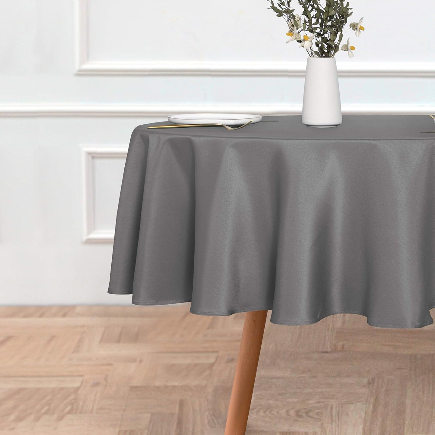 sancua Round Tablecloth - 60 Inch - Water Resistant Spill Proof Washable Polyester Table Cloth Decorative Fabric Table Cover for Dining, Buffet Parties and Camping, Light Grey(Fits 20-48 Inch Tables)